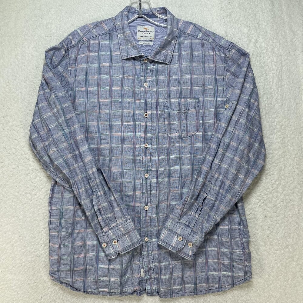 Tommy Bahama Jeans Island Modern Fit Mens Size XL Blue Plaid Roll Tab Sleeve